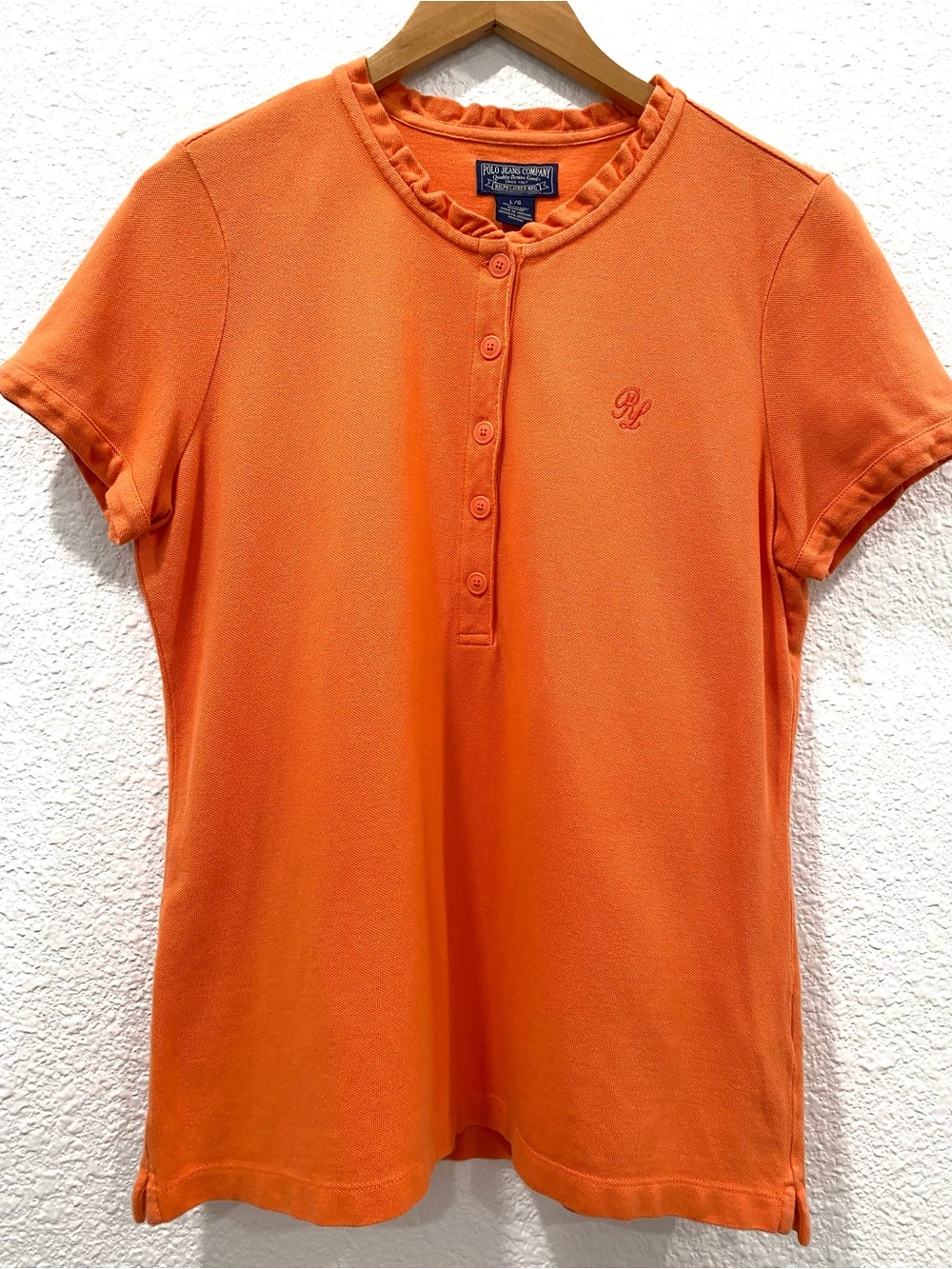 Polo Jeans Ralph Lauren Women’s Size L Orange Ruffle Embroidered Polo Shirt Y2K